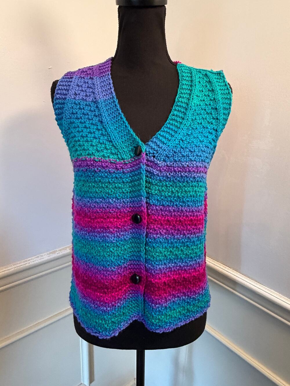 Vintage Style Vibrant Hand-Knit Multi-Color Sweater Vest Button Front V Neck